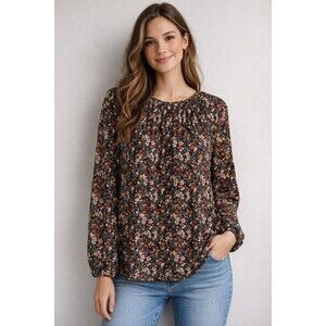 J.Jill M Smocked Neck Floral Paisley Blouse Long Sleeve Boho Peasant Top Black